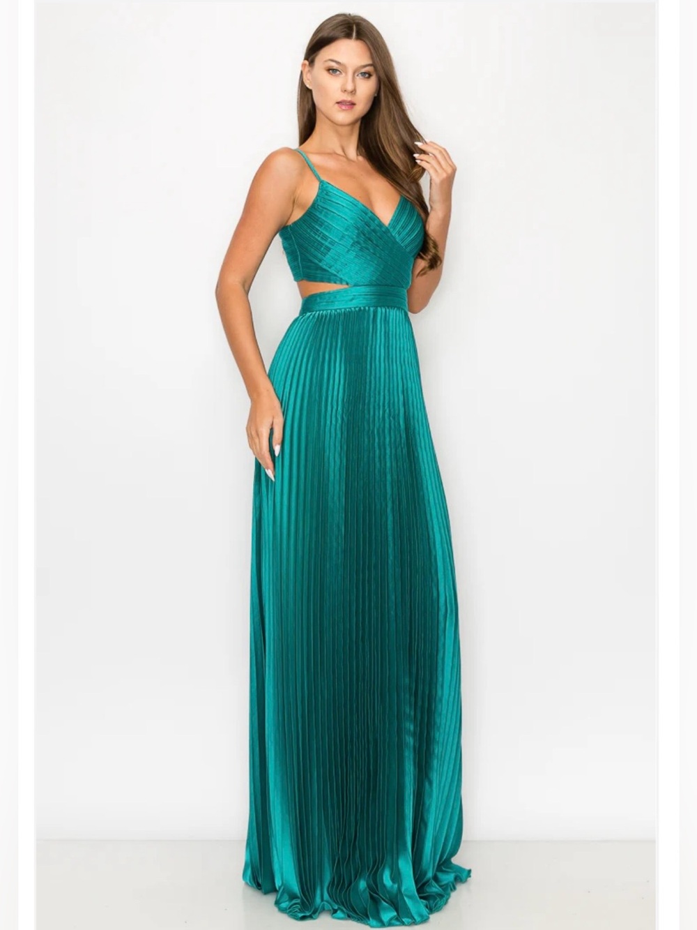Minuet Petite Teal Pleated Maxi Dress with Cutout Waist